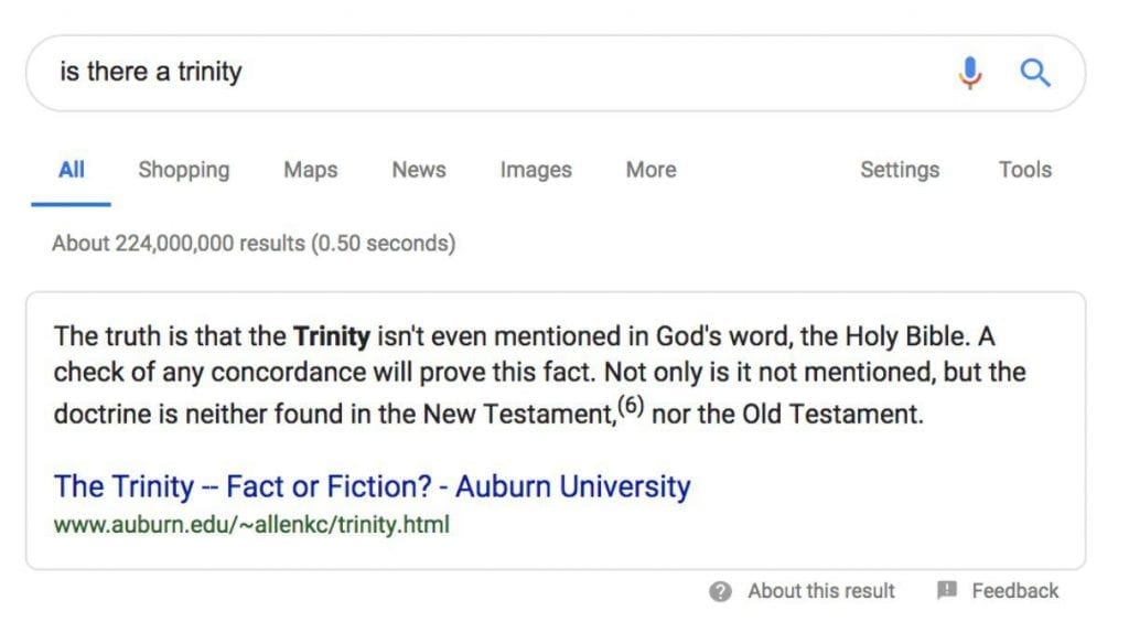 The first result from a search engine results page with the phrase ‘Is there a trinity’ typed into the search bar.
