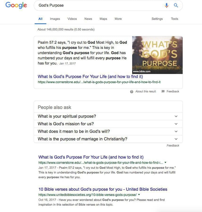 A search engine results page with ‘god’s purpose’ typed into the search bar.