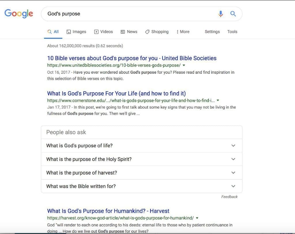 A search engine results page with ‘god’s purpose’ typed into the search bar.