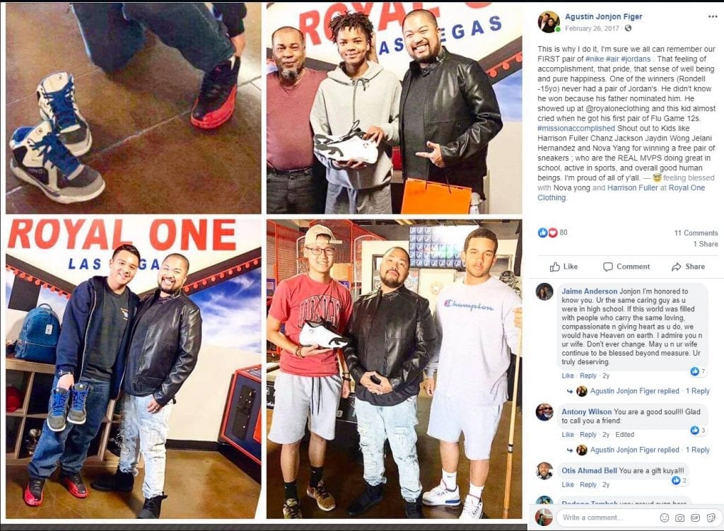 Social posts from Augustin Figer during his sneaker giveaway.