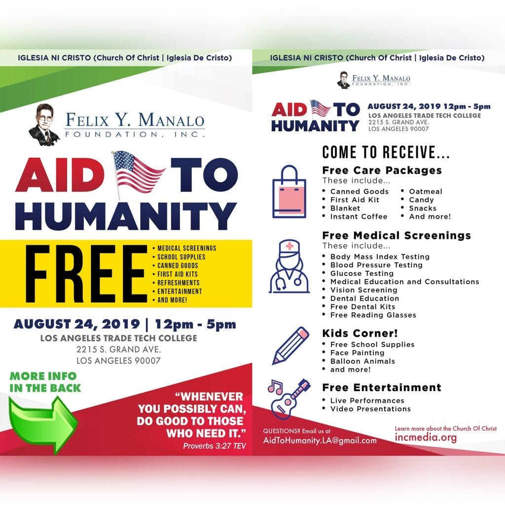 Free Aid to Humanity event services Los Angeles low-income and homeless with free medical services and school supplies, hosted by the Felix Y. Manalo Foundation.