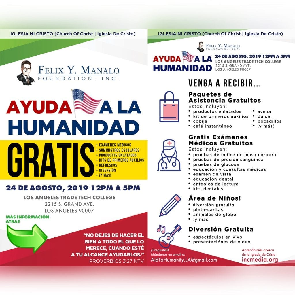 Ayuda a La Humanidad con servicios y paquetes de asistencia gratuitos en Los Angeles Aug 24, desde La Felix Y Manalo Foundation y La Iglesia De Cristo.