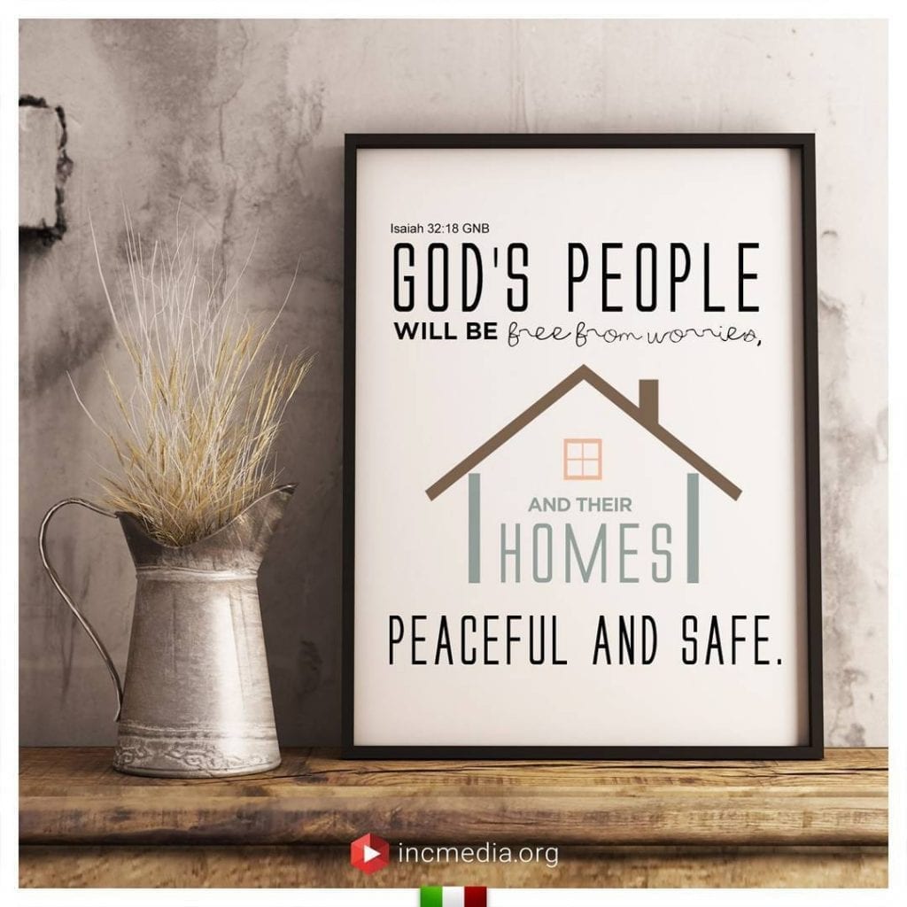 A wooden shelf with decorated with Bible verse inside a picture frame, Isaiah 32:16 God’s people will be free
from worries, and their homes peaceful and safe.