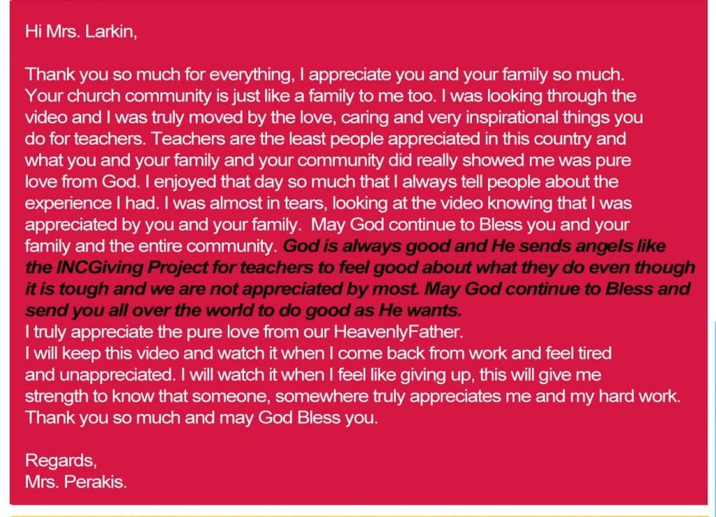 Note from teacher appreciation day written by mrs. perakis