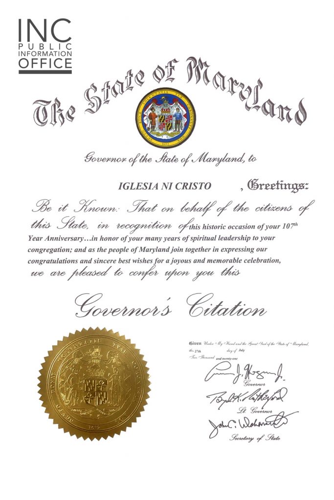 Governor’s Citation to the Iglesia Ni Cristo (INC) or Church Of Christ, given by Maryland Governor Lawrence J. Hogan.
