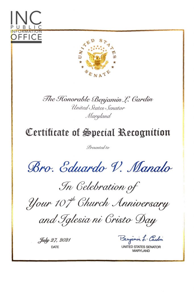 Certificate of Special Recognition from United States Senator Benjamin L. Cardin, given to INC Executive Minister, Brother Eduardo V. Manalo.