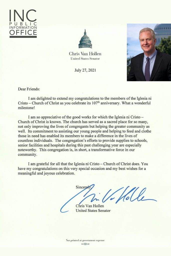 Congratulatory letter from United States Senator Chris Van Hollen, for the Church’s 107th Anniversary.
