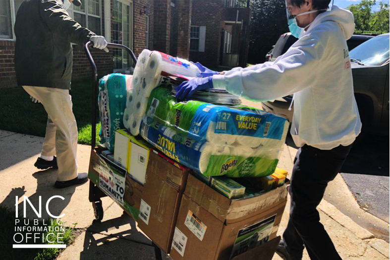 Basic donations on cart being donated to healthcare facilities during Aid to Humanity event, held in May 2020.
