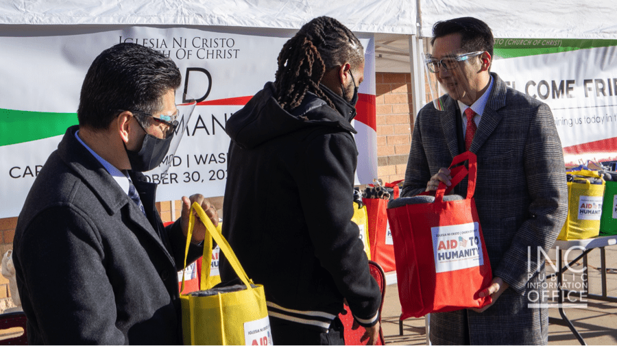 Ministers from the Iglesia Ni Cristo (INC) or Church Of Christ handing out care packages to Maldon Foundation during Aid to Humanity event, held on October 30, 2020.