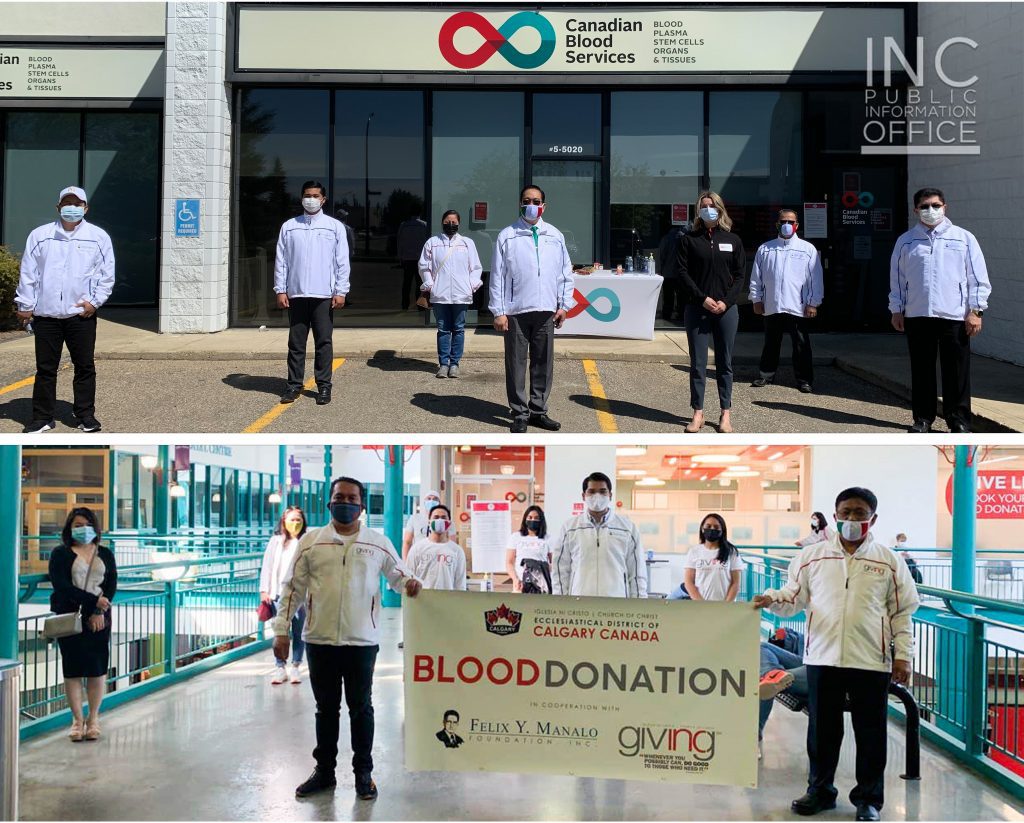 Iglesia Ni Cristo (INC or Church Of Christ) ministers and members pose for 2 group photos in front of blood donation centers in the province of Alberta.