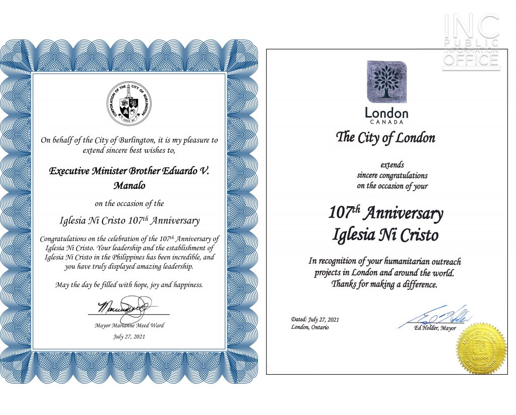 Two official letters from the mayors of Burlington and London, Ontario, greeting and congratulating the Iglesia Ni Cristo (INC or Church Of Christ) on reaching its 107th anniversary.