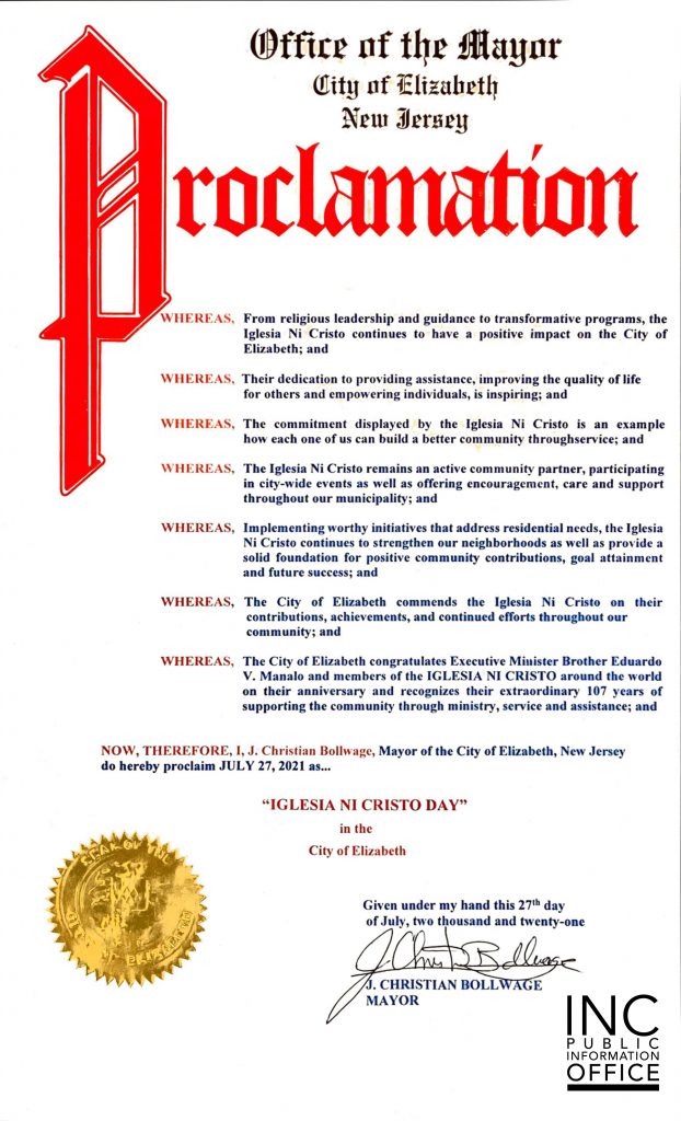 Proclamation from Elizabeth City, New Jersey Mayor J. Christian Bollwage, declaring July 27, 2021 as “IGLESIA NI CRISTO DAY”.