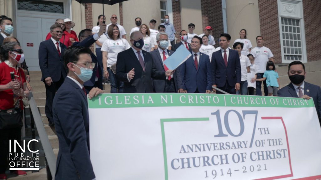 Elizabeth City, NJ Mayor J. Christian Bollwage reads his proclamation with INC Ministers and brethren in attendance