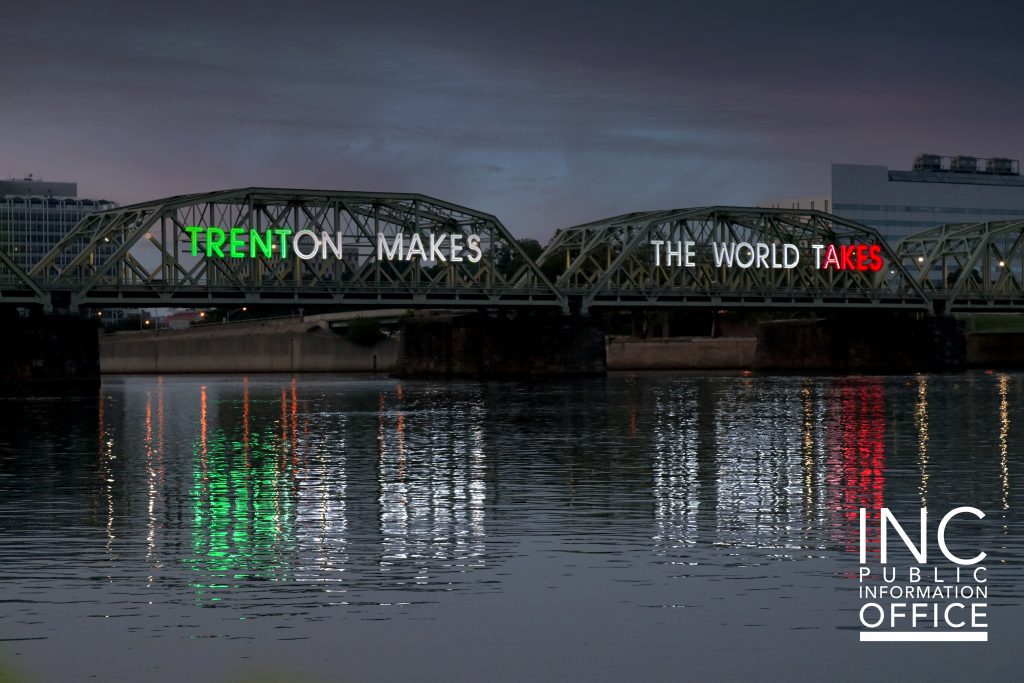 The Lower Trenton Bridge lit up in green, white, and red, in recognition of the anniversary of the Iglesia Ni Cristo (Church Of Christ).