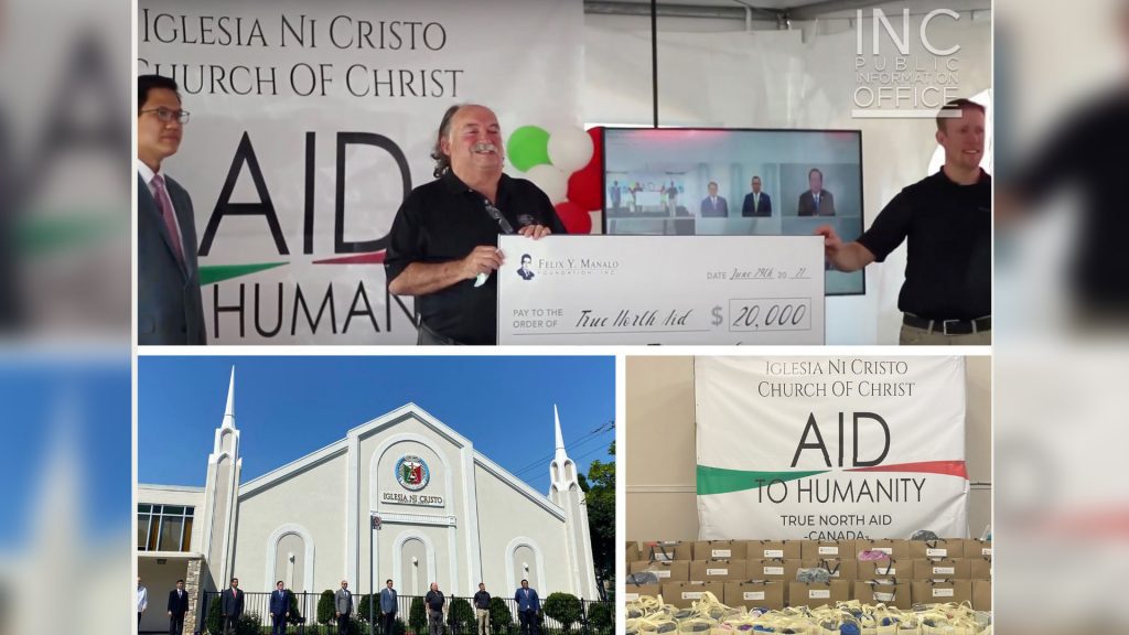 A collage of photos from the Aid to Humanity event for True North Aid Foundation, showing Indigenous Advisor and Board Member Mr. Kim Sigurdson and the Executive Director, Kenneth Smid, accepting a cheque for 20,000 Canadian dollars, 100 packages of school supplies, school bags, beddings, blankets and pillows, and a group photo in front of the Toronto congregation’s house of worship.