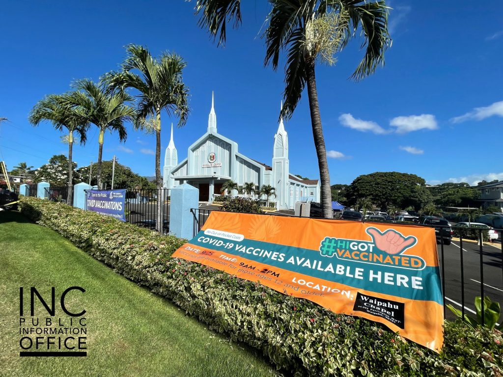 Informational banners of the vaccination drive in front of INC Waipahu chapel