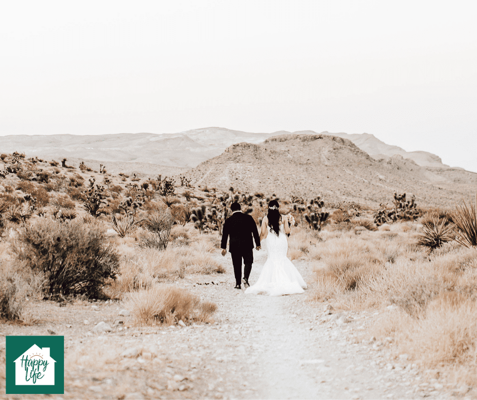 A newly married couple walk hand in hand in the desert
