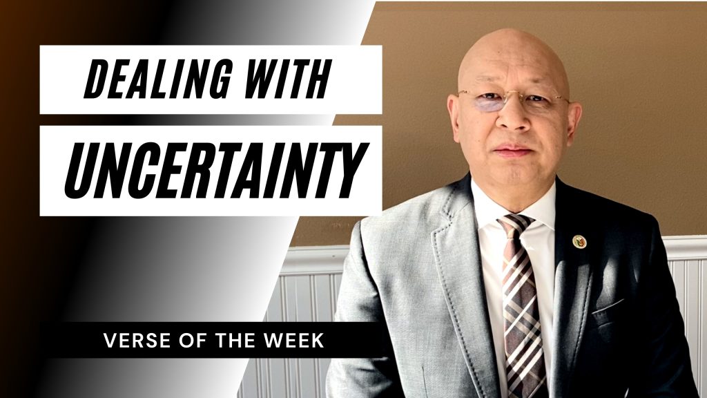 man in front of brow wall. graphic says dealing with uncertainty verse of the week.