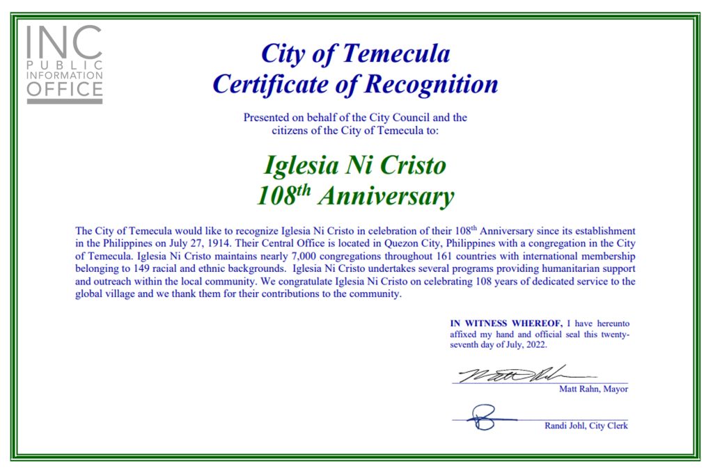 Certificate of Recognition from the City of Temecula, signed by Mayor Matt Rahn.