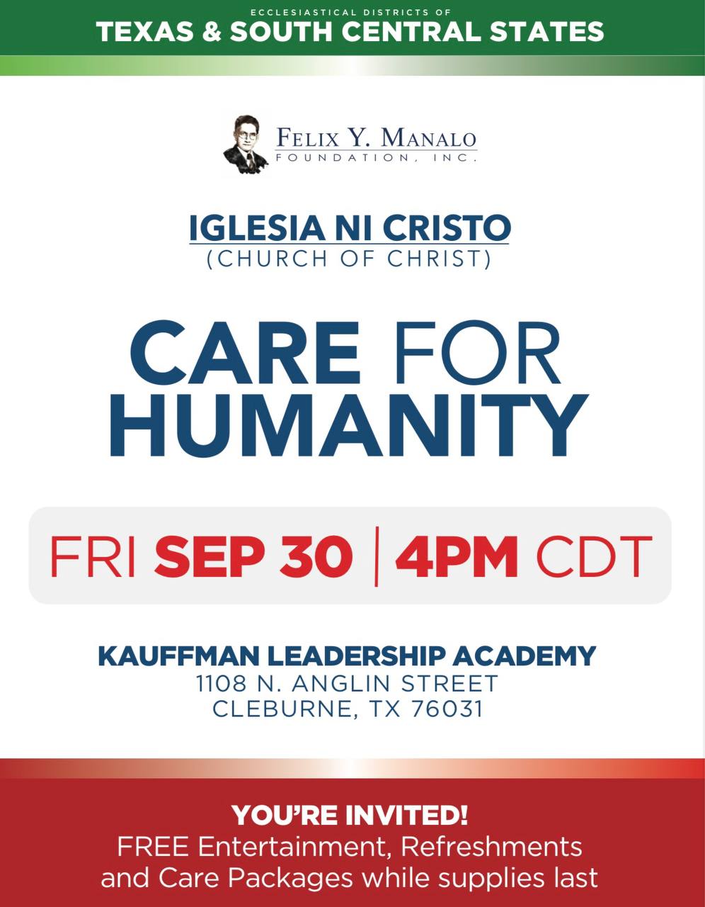 Photo alt descriptions: The Iglesia Ni Cristo (Church Of Christ), through the Felix Y. Manalo (FYM) Foundation, will hold a “Care For Humanity Event” on Friday, September 30 at 4PM CDT at Kauffman Leadership Academy, located at 1108 N. Anglin Street, Cleburne, TX 76031